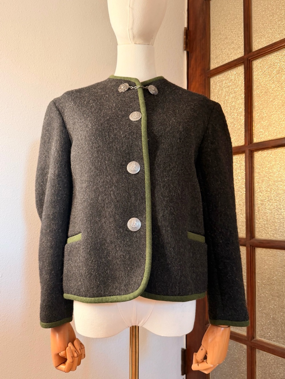 Vintage 70s Wool Jacket Green Quilted Floral Lined Interior Ornate Buttons S/M